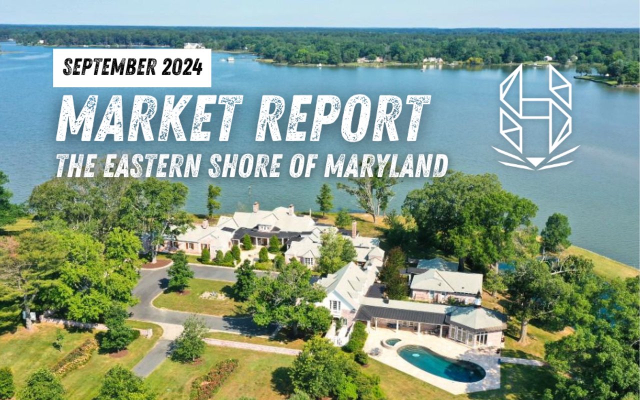 September 2024 Eastern Shore of Maryland market report cover over an aerial view of waterfront homes.