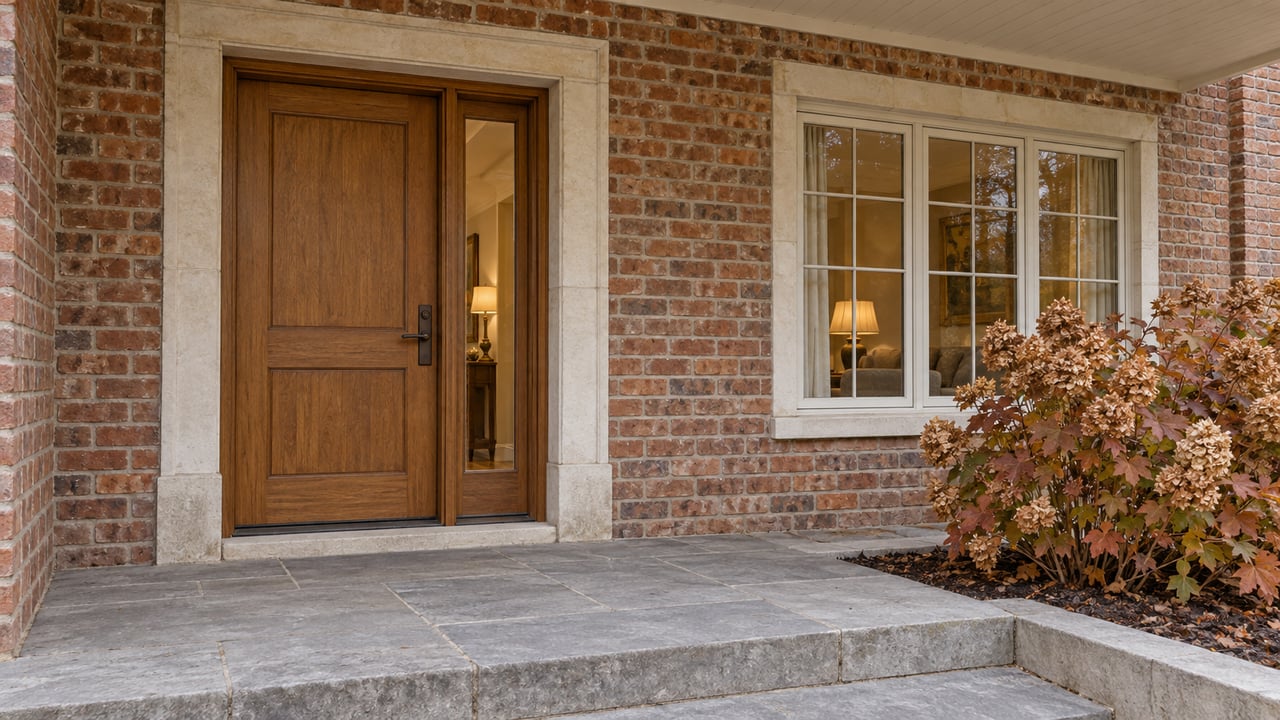 Close view of a brick home's covered oak entry, limestone steps and a window beside an oakleaf hydrangea in late autumn.