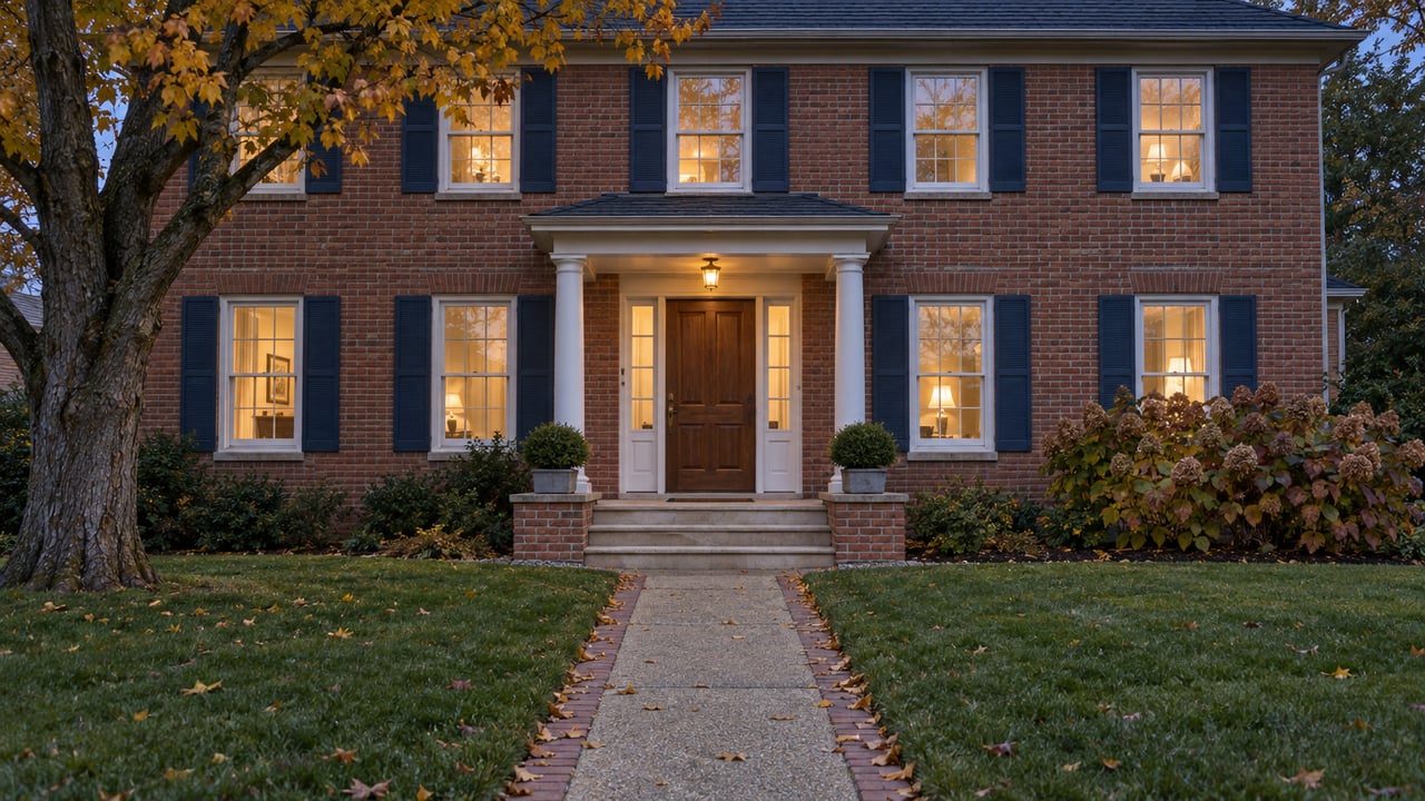 A red-brick two-story home at blue hour, with a limestone entry porch, warm windows and a straight walkway crossing a deep autumn lawn.