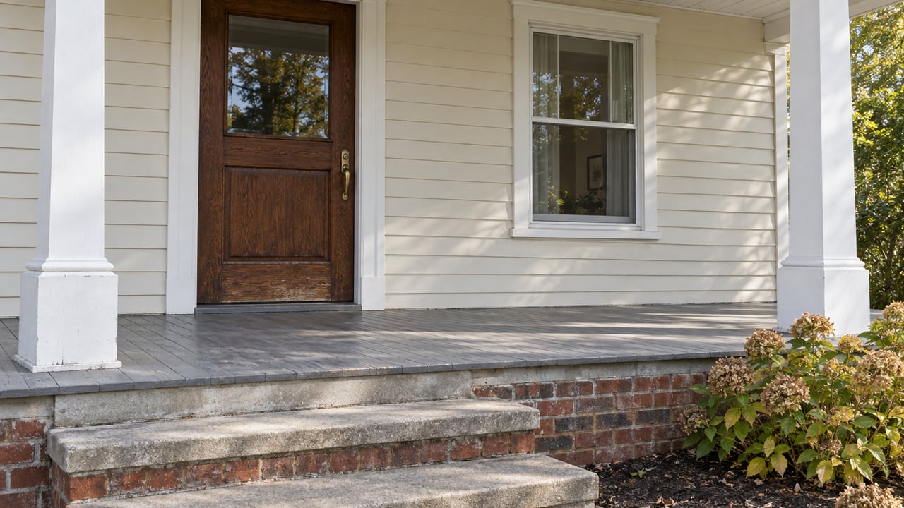 Cream clapboard home with a worn oak front door, painted porch flooring, brick steps and a hydrangea with autumn flower heads.