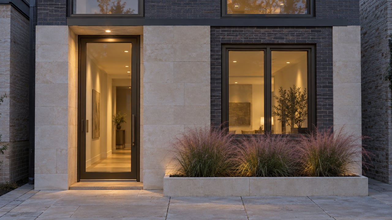 Attached home with a warm-lit glass entry, buff limestone surround, dark brick, and ornamental grasses.