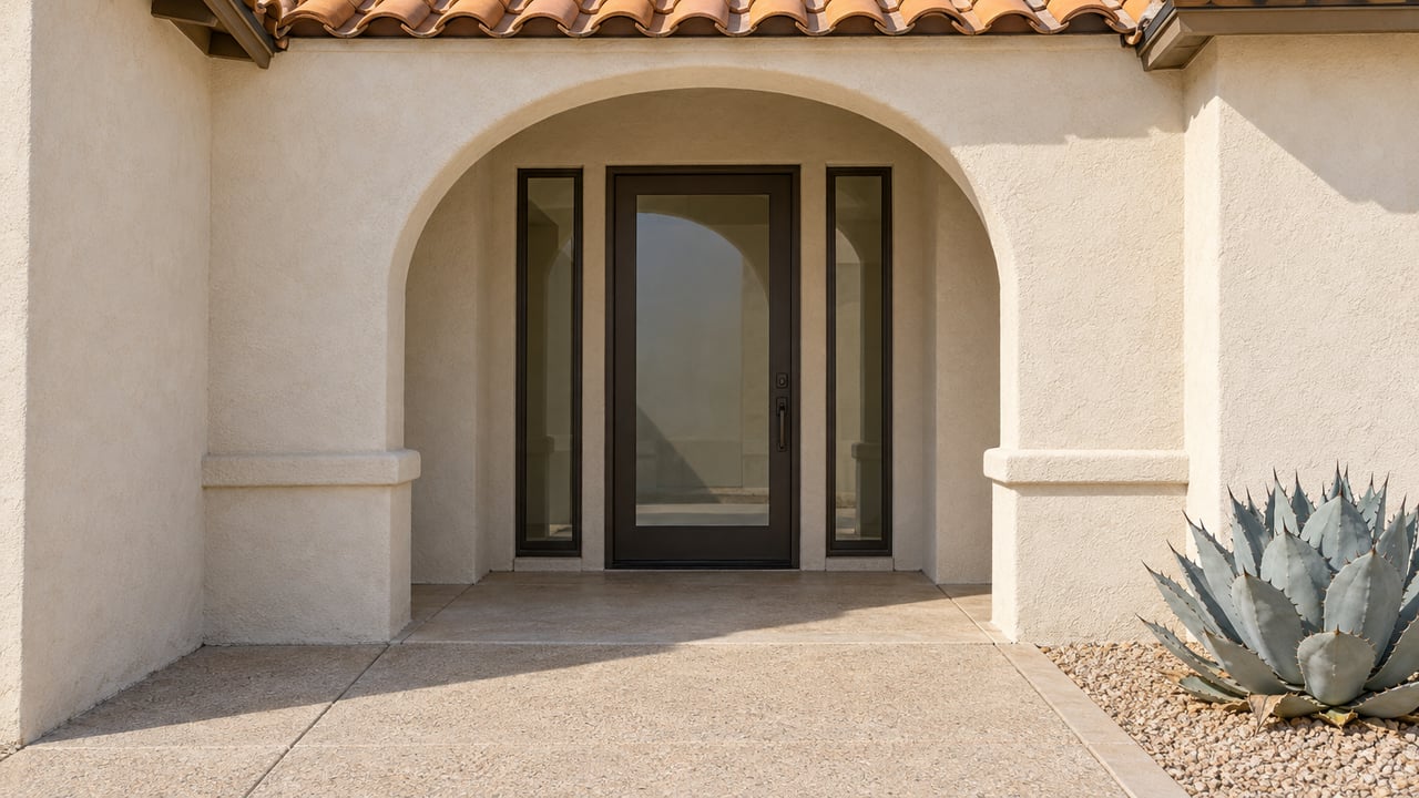 Cream stucco arched home entrance with a dark glazed door, terracotta roof tiles and a blue-gray agave beside a pale concrete approach.