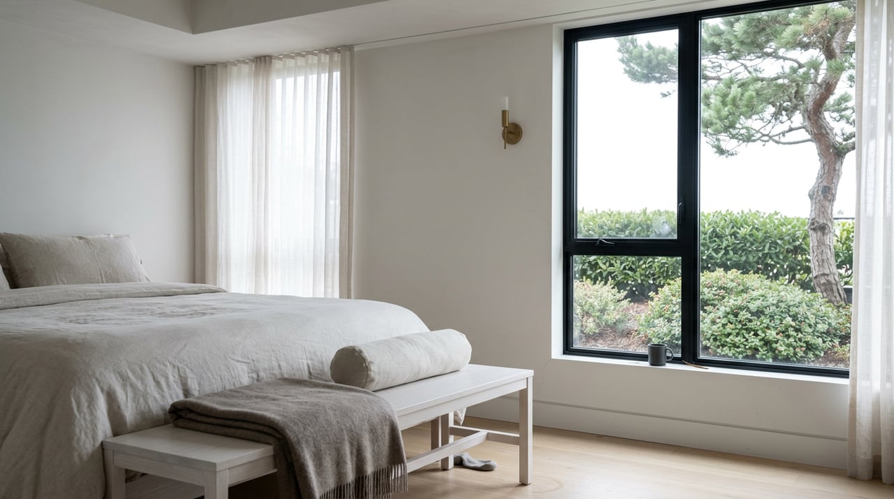 Coastal bedroom with rumpled oatmeal bedding, an oak bench and a charcoal mug beside a window overlooking dense planting.