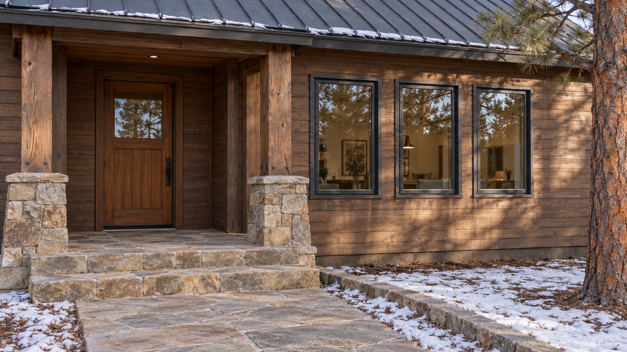 Winter sunlight crosses a timber-clad home's recessed entrance, dark-framed windows, and sandstone porch beside settled snow.