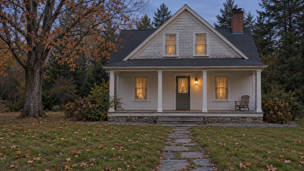 A modest white clapboard cottage at autumn dusk, with warm windows, a weathered low porch, and a broad lawn beneath a copper-leaved sugar maple.