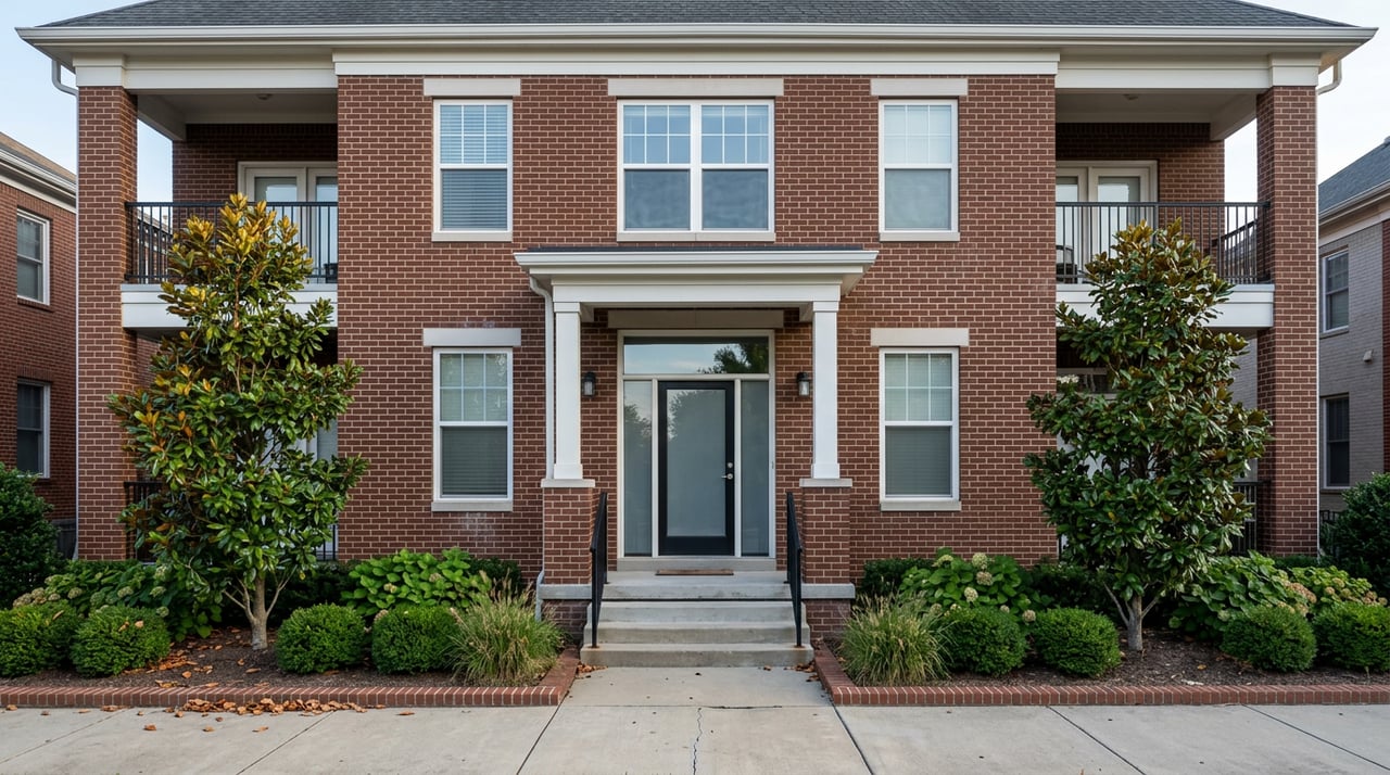 Condo entrance façade with stacked balconies beside a narrow sidewalk.