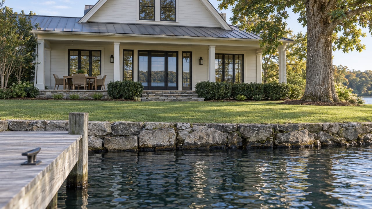 Timber dock beside a granite shoreline wall, sloping lawn, white oak, and lakeside house with a covered porch.