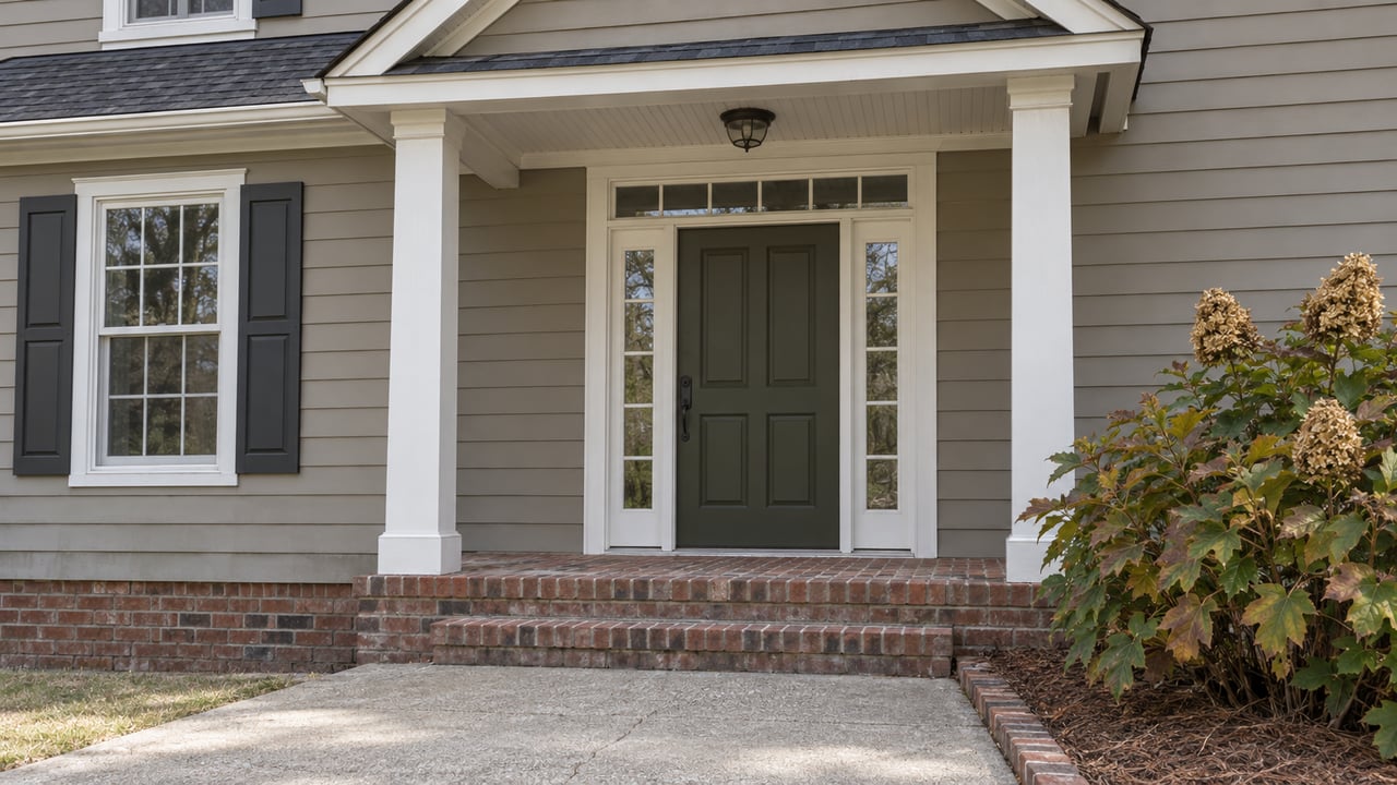 Traditional house entry with gray lap siding, an olive door framed by sidelights, weathered brick steps and an oakleaf hydrangea.