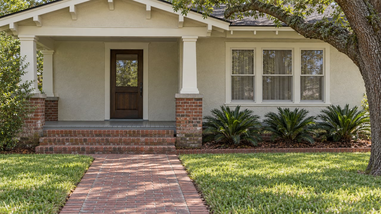Cream bungalow with brick porch piers, a worn brick approach, and a spreading live oak beside the entry.