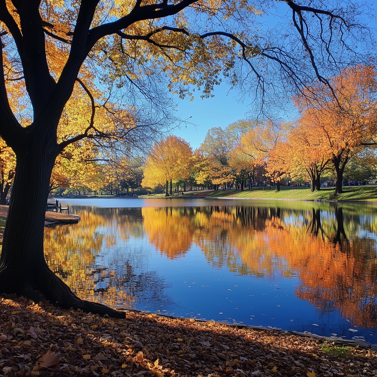Autumn trees reflected in a park pond, framed by a large tree trunk.