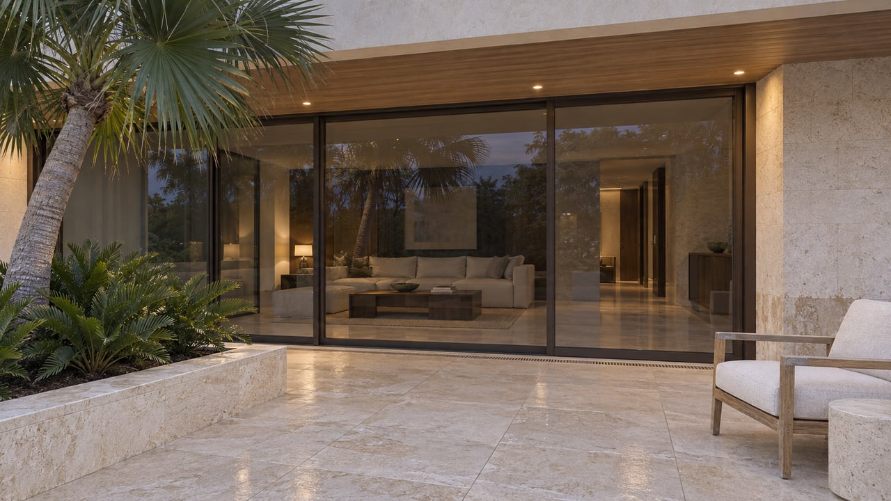 Limestone residential terrace with bronze-framed glazing, warm timber soffit and a sculptural fan palm at blue hour.