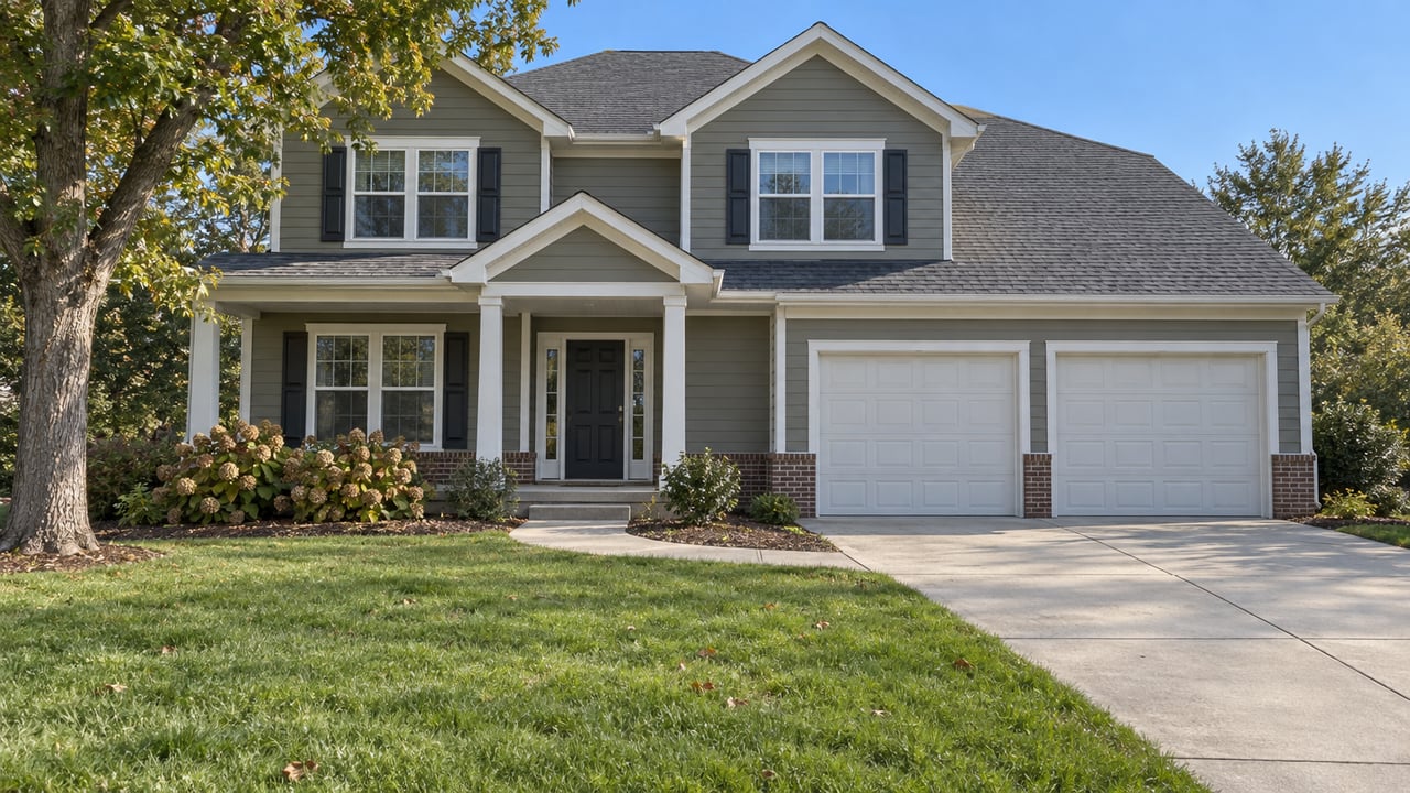 Two-story olive-gray home with white trim, paired windows, a covered entry and two-car garage beyond a deep green lawn.