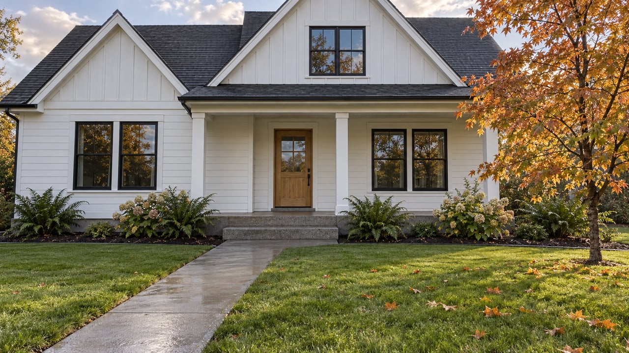 White gabled home with black-framed windows, a covered porch and a long concrete approach across a deep lawn beside an amber-leaved maple.