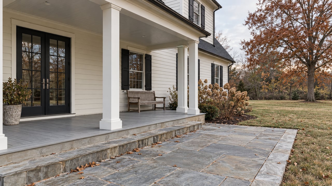 Cream clapboard home with a covered porch, closed black French doors, weathered teak bench, and bluestone terrace beside a late-autumn lawn.