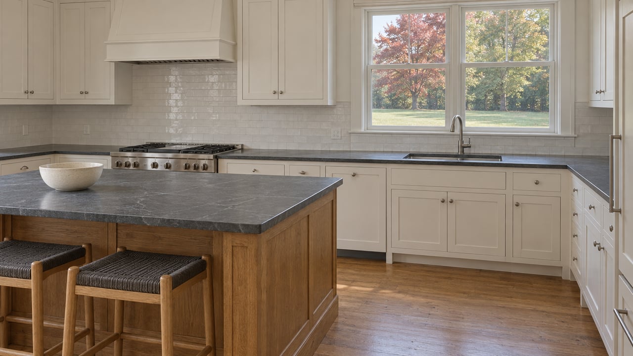 Warm-white kitchen with an oak island, soapstone counters and a closed window overlooking a broad lawn and autumn trees.