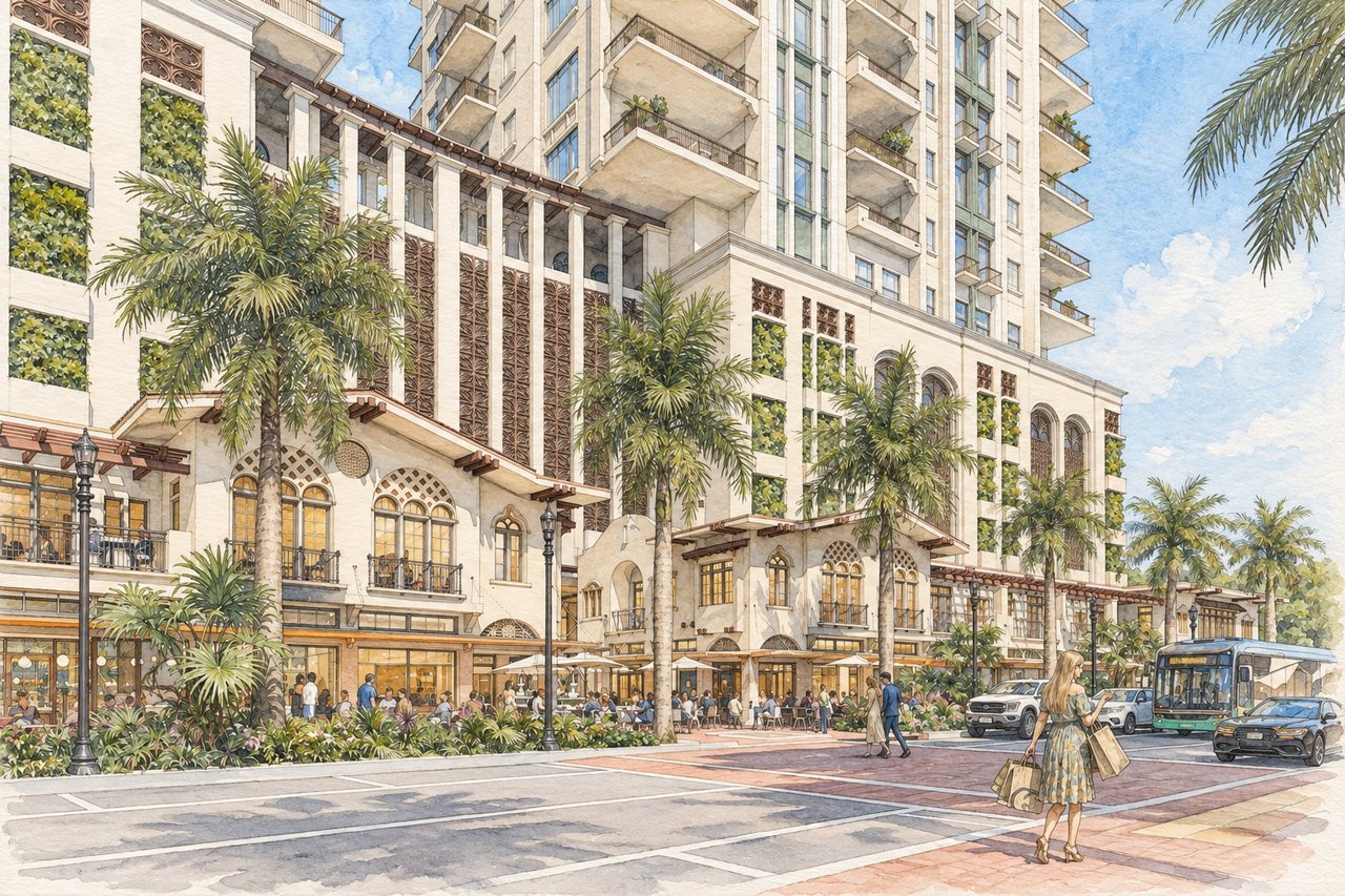 Architectural rendering of Mira Mar Residences, a palm-lined tower with street-level shops and outdoor dining.