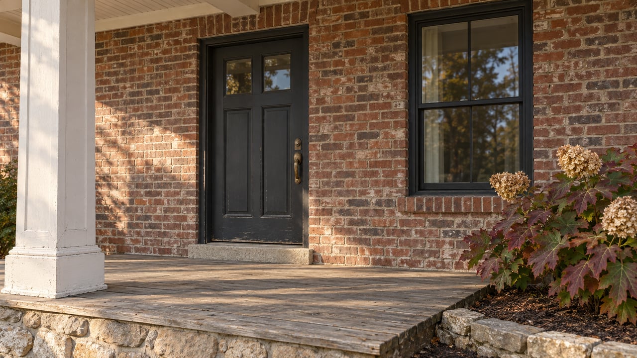 Close view of a brick home's covered porch, with a charcoal door, black-framed window, weathered wood floor, fieldstone foundation and autumn oakleaf hydrangea.