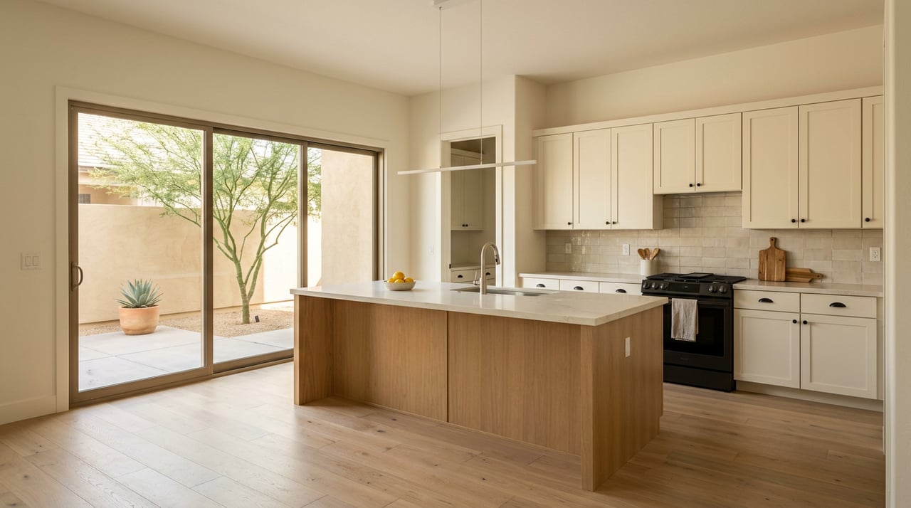 Open-plan kitchen with a white oak island and cream cabinets, opening onto a patio with a desert tree.