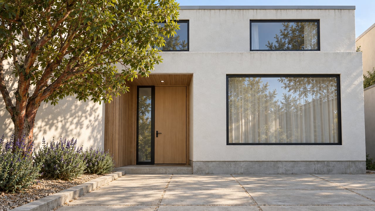 Modern two-story home with a recessed wood entry, black-framed windows, and a paved front driveway.