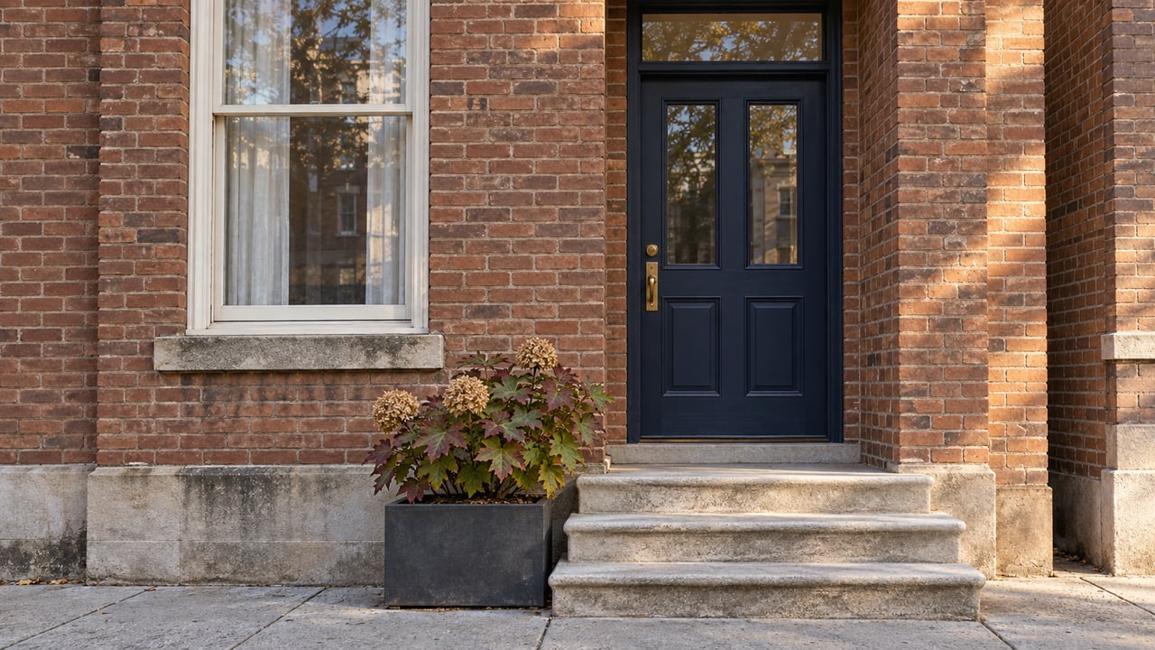 Renovated brick home entrance with a navy glazed door, limestone steps and an oakleaf hydrangea beside a tall window.