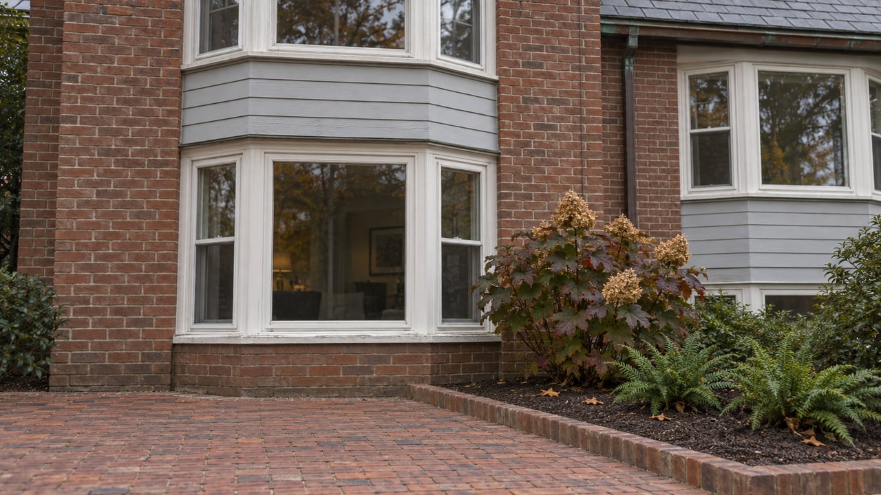 Low-rise condominium facade with white-framed bay windows, weathered red brick, pale gray clapboard and autumn oakleaf hydrangea beside a brick approach.