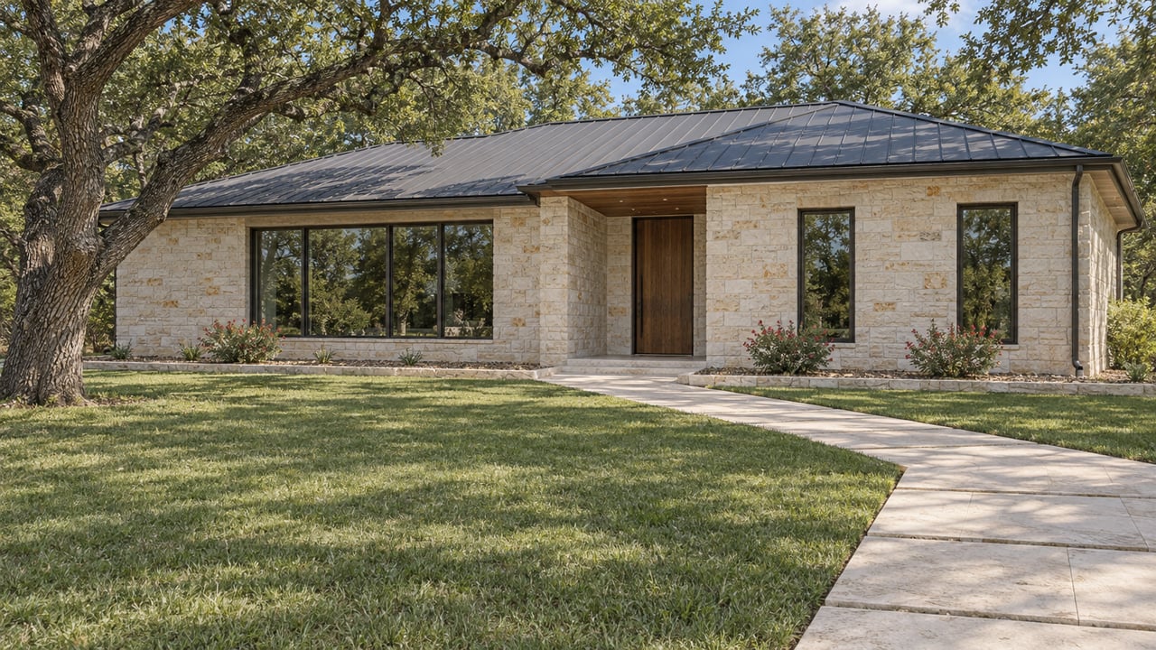 Limestone home with a charcoal metal roof beyond a deep lawn, a curved stone approach and a mature spreading live oak.