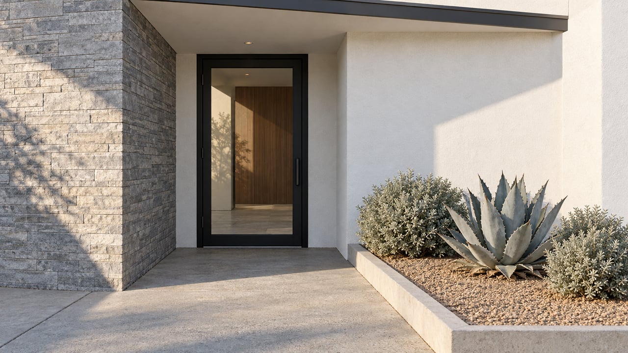 Contemporary white stucco entry with gray limestone pier, black-framed glass door and raised agave planting bed.