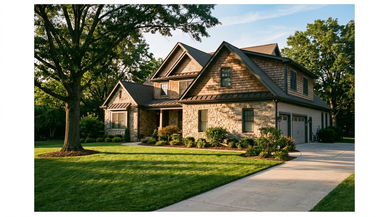 Upscale suburban home behind a deep green lawn, with a mature willow oak casting long shadows across the grass.