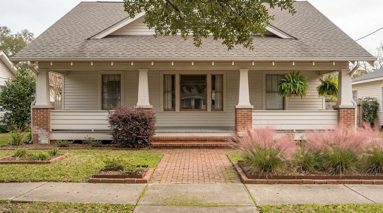 Craftsman bungalow with a raised porch, brick walk, burgundy shrub, and live oak canopy.