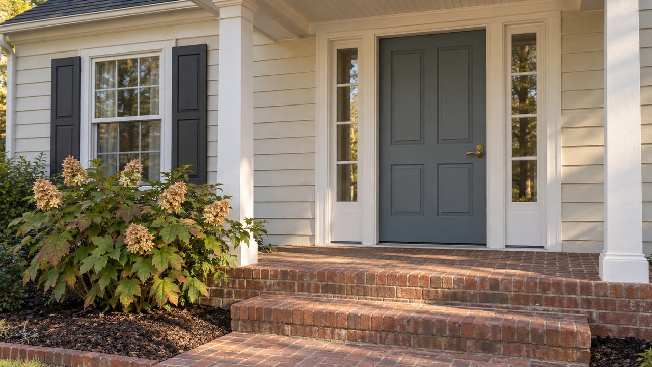 Morning light across a cream-sided home's gray-blue front door, glazed sidelights and weathered brick porch beside an oakleaf hydrangea.