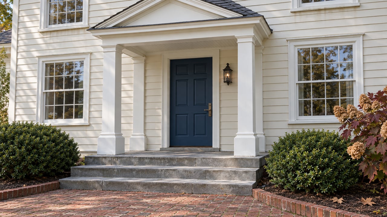 Cream clapboard home with a blue front door, paired white porch columns, stone steps and a worn brick approach beside autumn oakleaf hydrangea.
