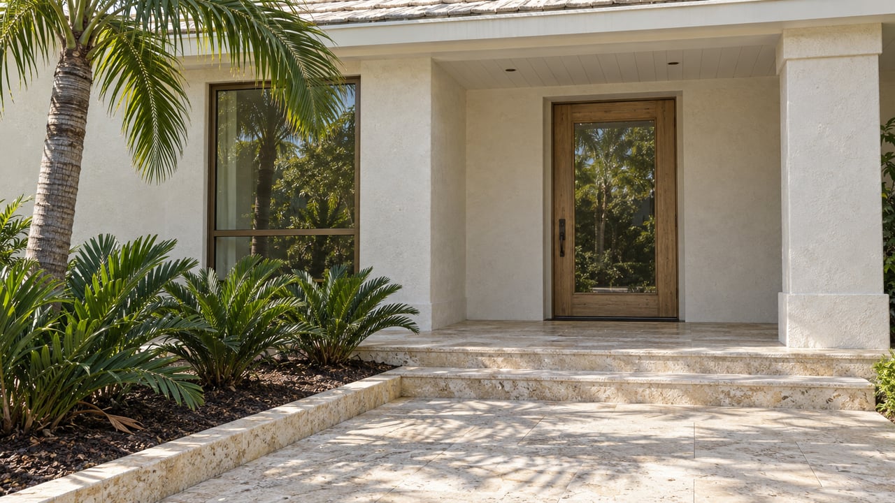 Ivory stucco home entrance with a shaded oak-and-glass door, shell-stone steps and a sculptural palm beside native cycads.
