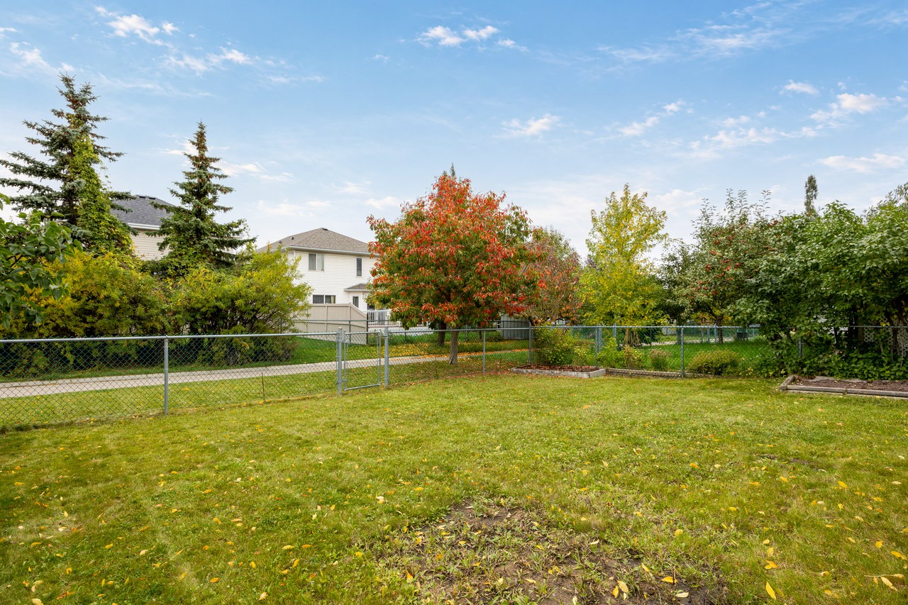 Fenced backyard with a broad lawn, autumn-colored trees, and neighboring homes beyond the fence.
