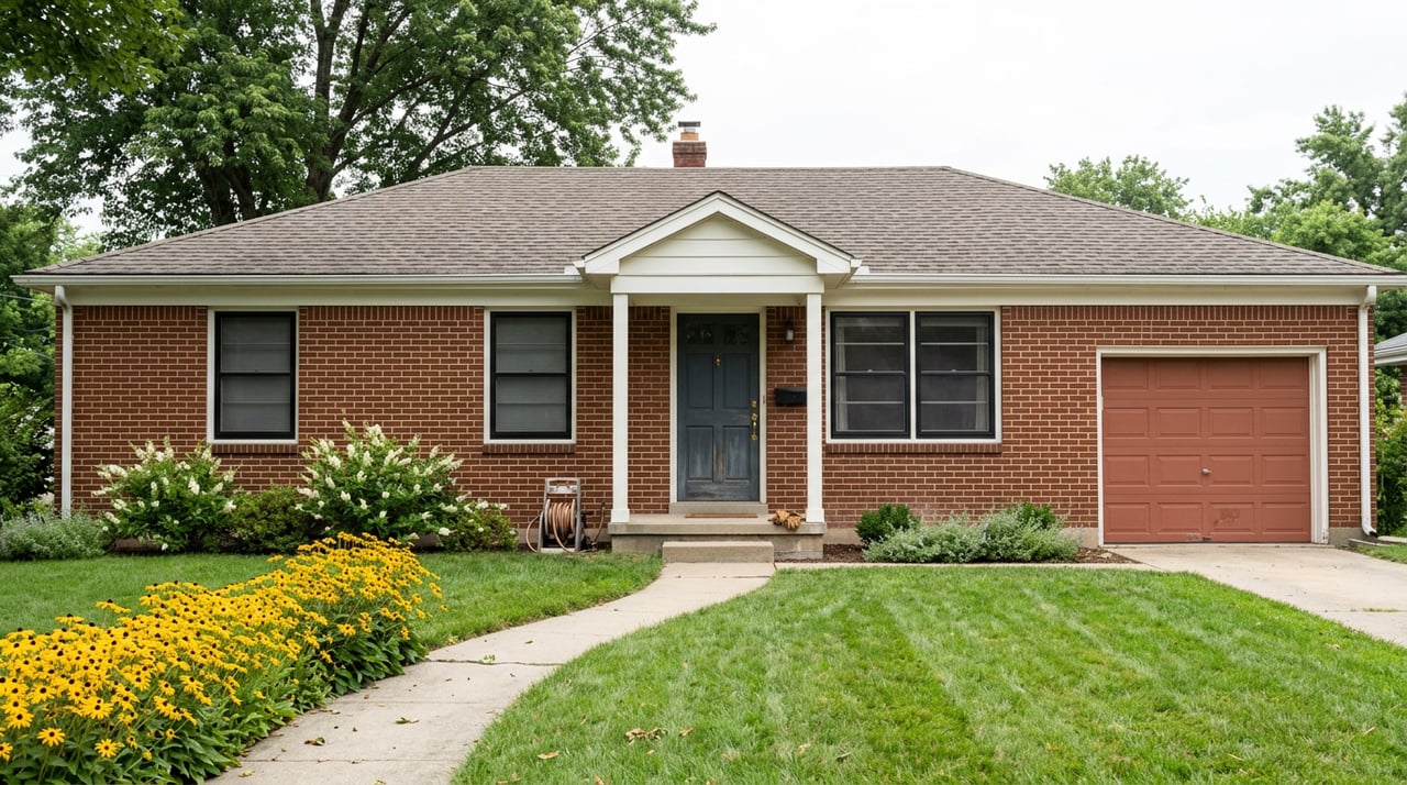 Single-story brick ranch with an attached garage, curved walkway, flowering beds, and leafy canopy.