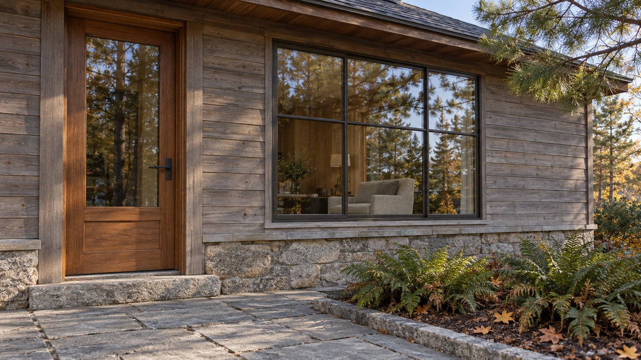 Late-autumn light on a cedar cottage entrance, granite steps, and a broad grid-framed window beside evergreen ferns.