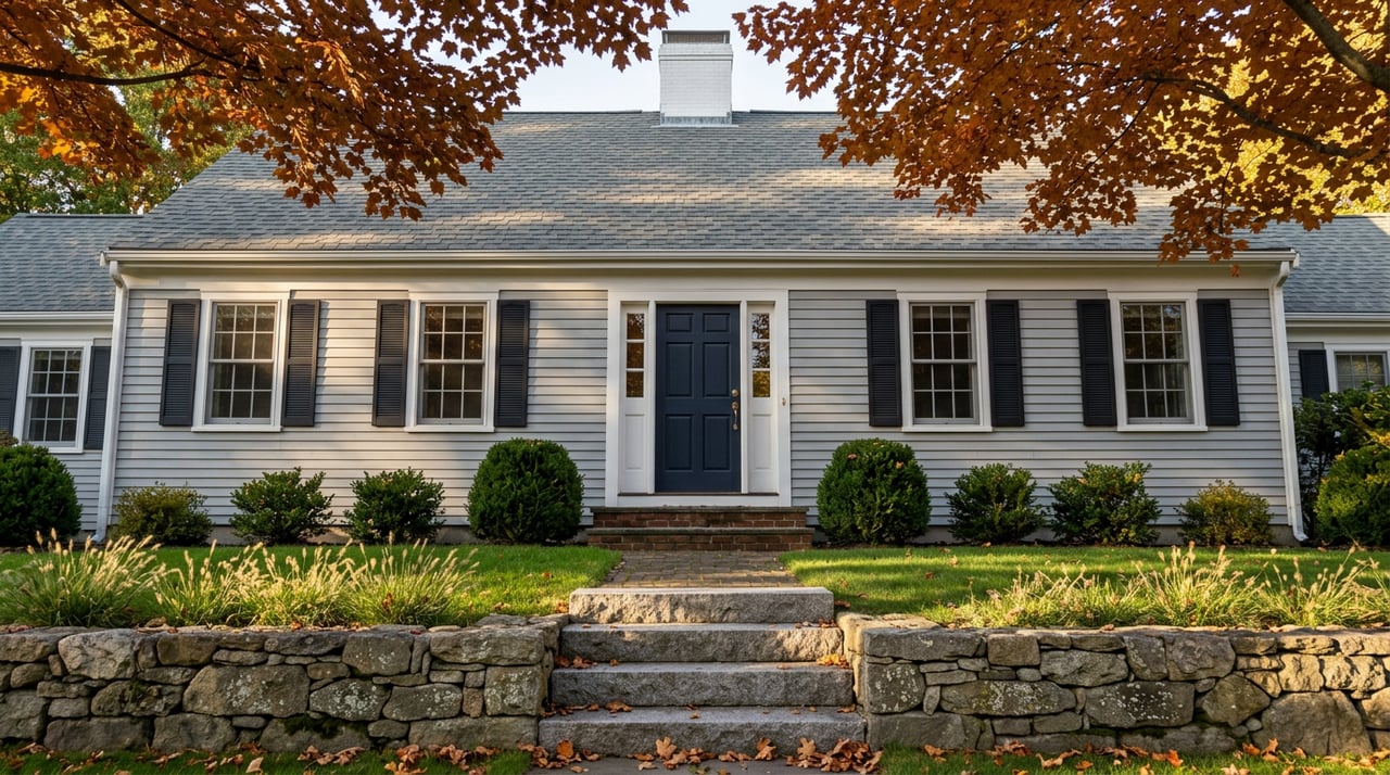 Two-story gray clapboard colonial with navy door, granite steps, fieldstone wall, and amber-red maple canopy.
