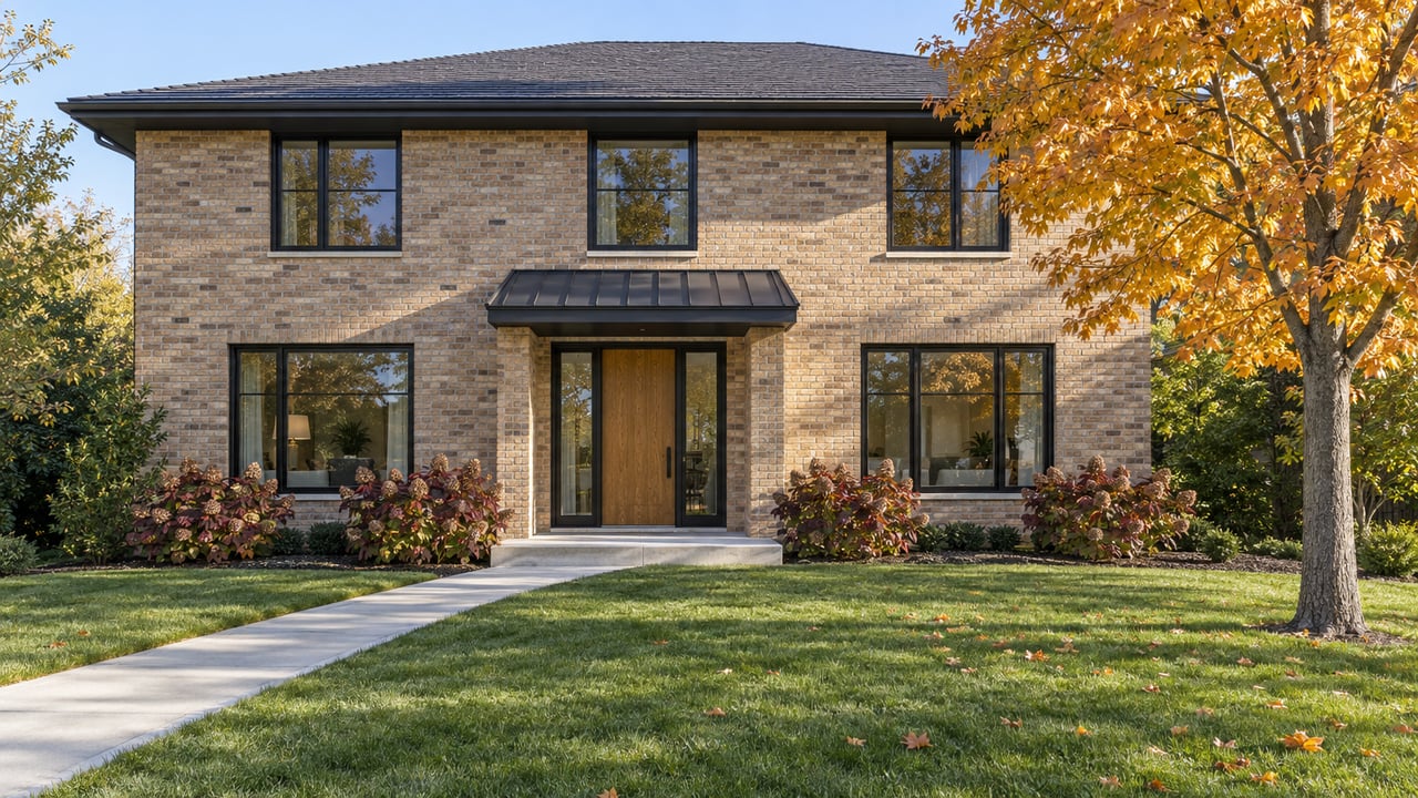 Buff-brick two-story home with black-framed windows, an oak entry door and a deep lawn beside a golden sugar maple.