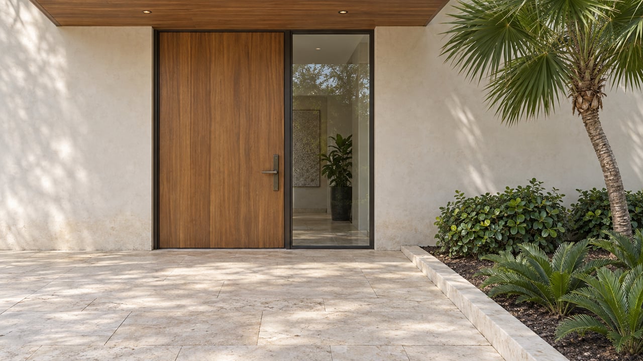 Pale stucco entry with a teak pivot door, glazed sidelight, limestone approach, and fan palm planting.