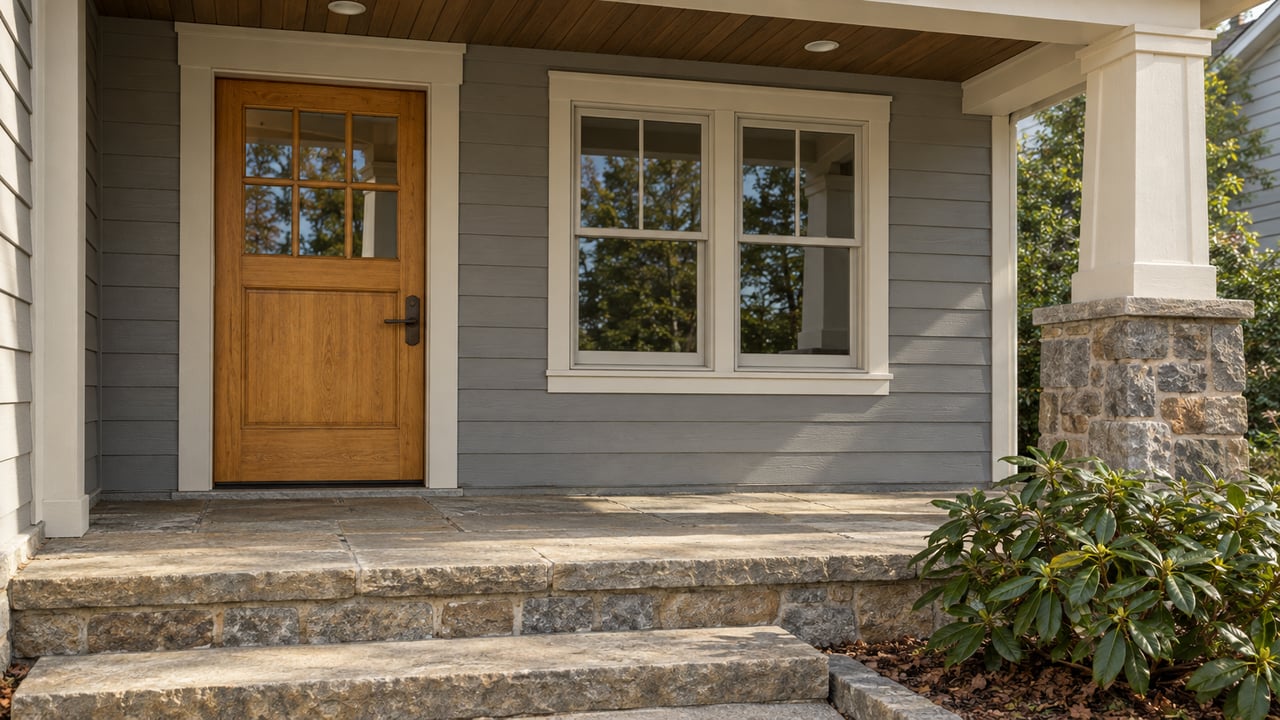Covered entry with a glazed wood door, gray siding, stone porch base and a rhododendron beside the sandstone step.