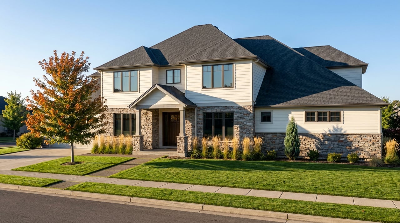 Two-story home with a stone base, white siding, charcoal roof, and maple beginning to turn orange.