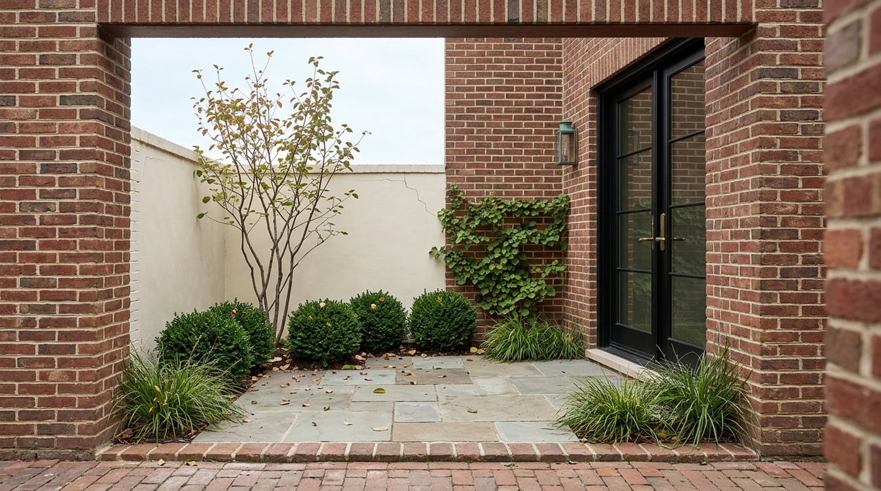 Brick rowhouse archway frames a small flagstone forecourt, cream garden wall, and multi-stem serviceberry.