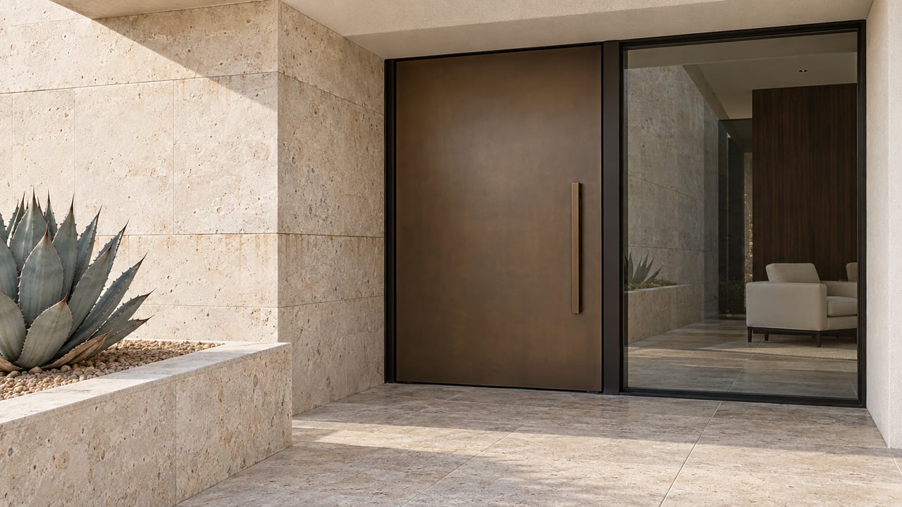 Close view of a limestone and warm-white stucco entry with a bronze door, steel-framed glass, and a blue-gray agave in a raised stone planter.