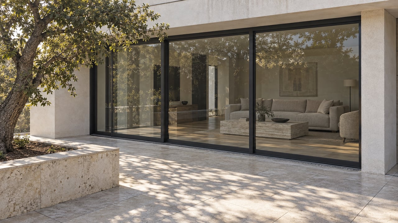 A modern stucco home with closed dark-framed glass doors, a limestone terrace and a sculptural live oak in a raised stone planter.