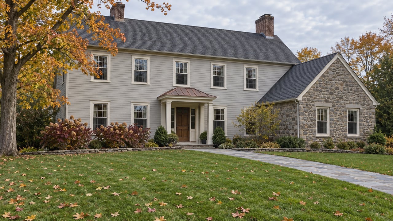 Large pale-sided home with a stone wing, deep autumn lawn, and a gold-leaved maple in soft morning light.