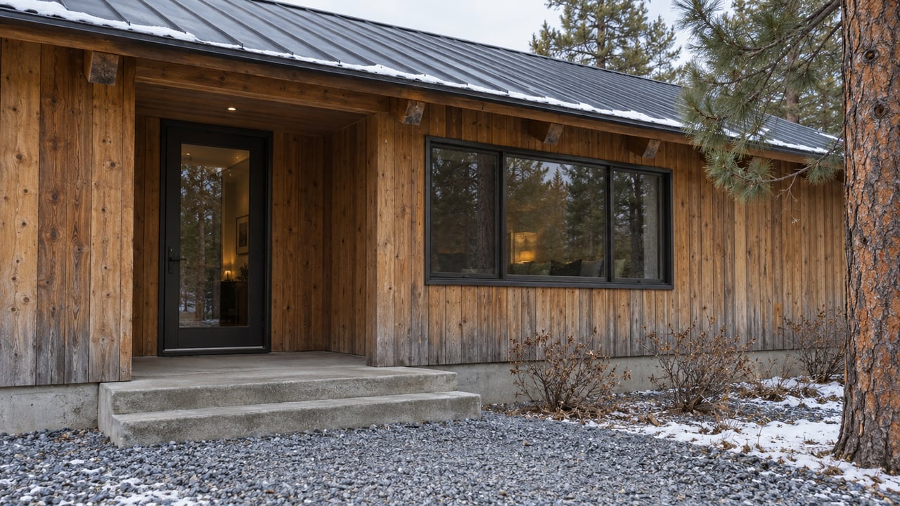 Weathered cedar home with a sheltered glass entry, concrete steps and a light dusting of early snow beside a mature ponderosa pine.