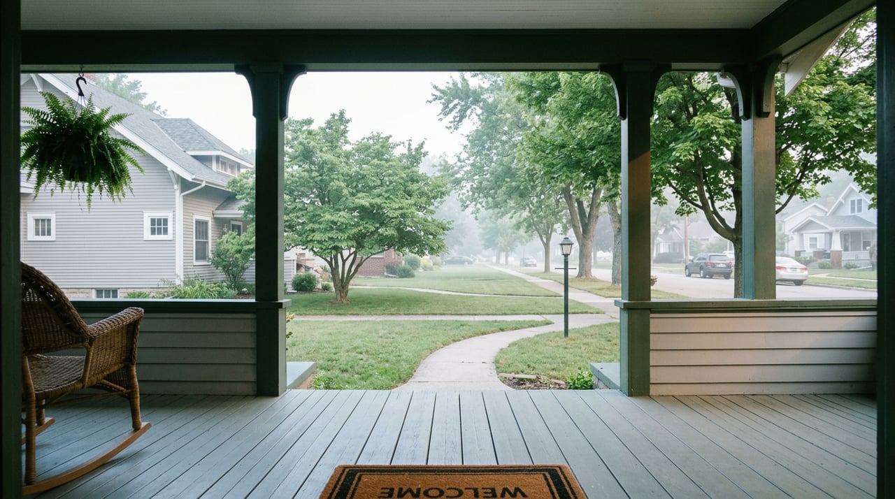 White porch posts frame a mown lawn, clipped hedge, cedar, and neighboring gray gabled roof.