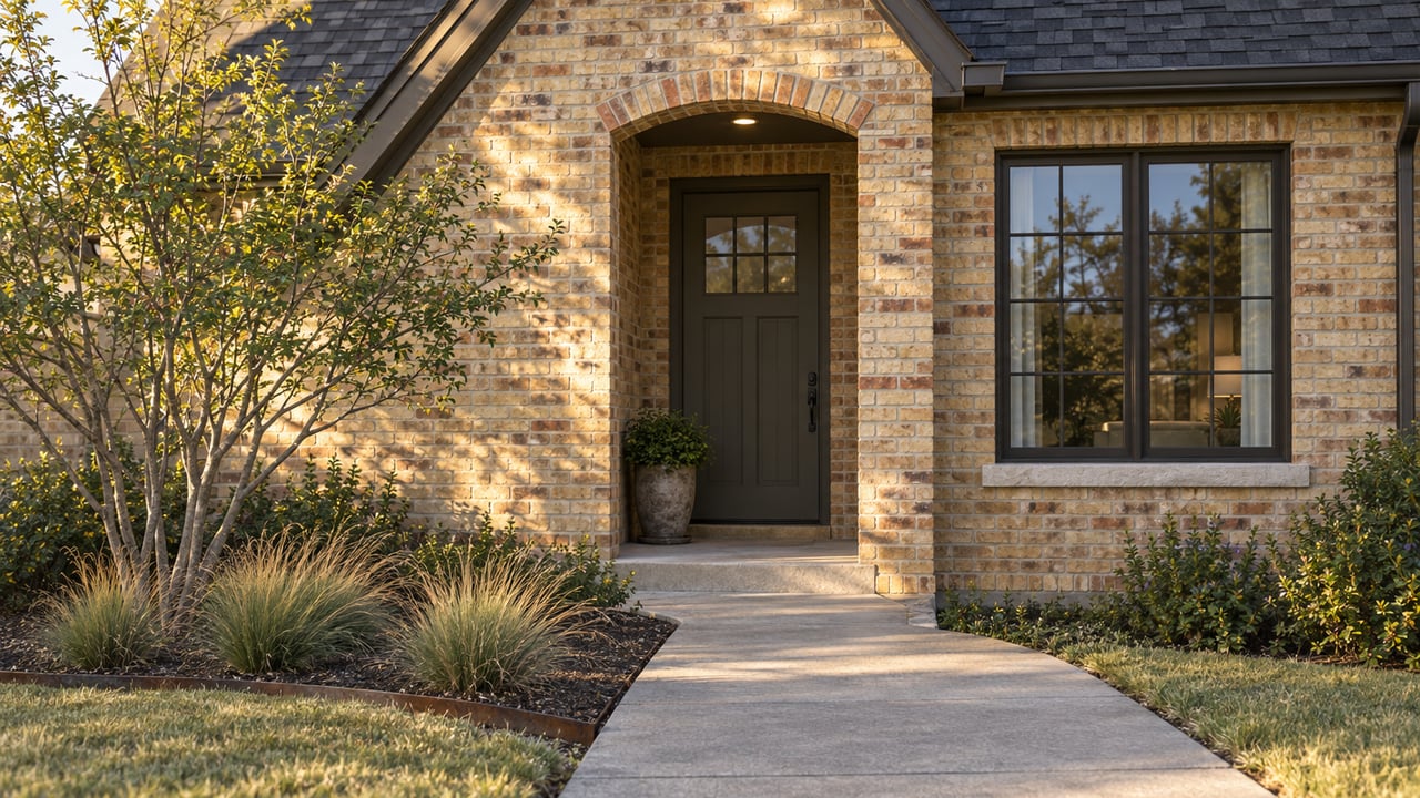 Brick-front home with a recessed wood door, divided-light window, and small multi-stem tree beside the walk.