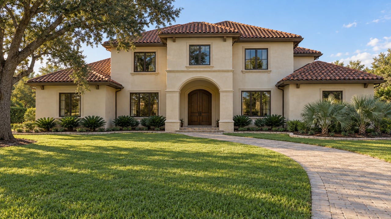 Clay-tile-roofed stucco home beyond a deep green lawn, with a curved paver approach and a spreading live oak.