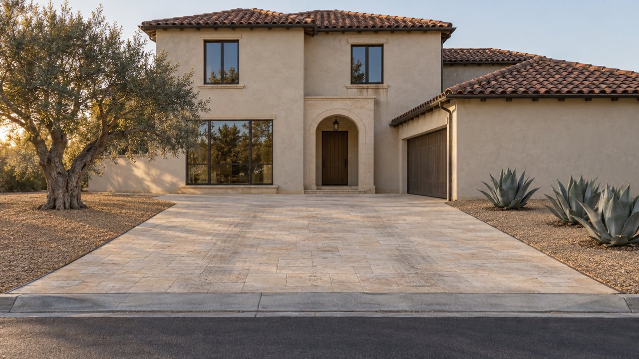 Cream-stucco estate with a terracotta tile roof at the end of a long limestone driveway, flanked by agaves and an olive tree.
