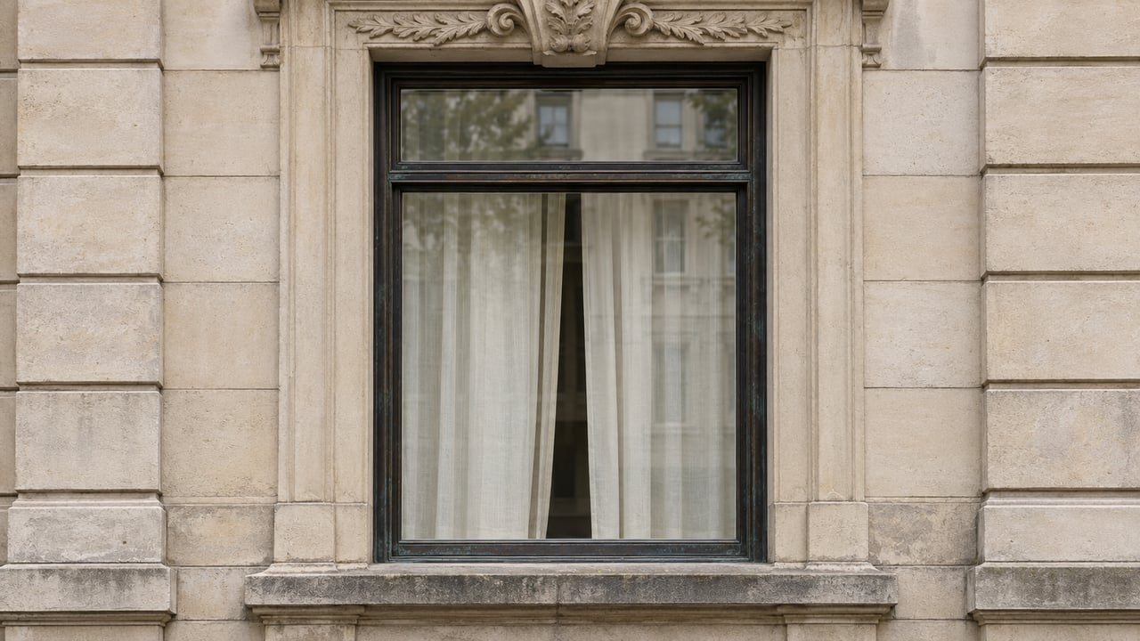 Closed bronze-framed parlor window with ivory curtains, surrounded by carved cream limestone with naturally weathered details.